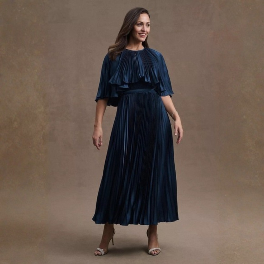 Mac Duggal Size 20 Dark Navy Blue Pleated Satin Tea Length Maxi Midi Dress Gown